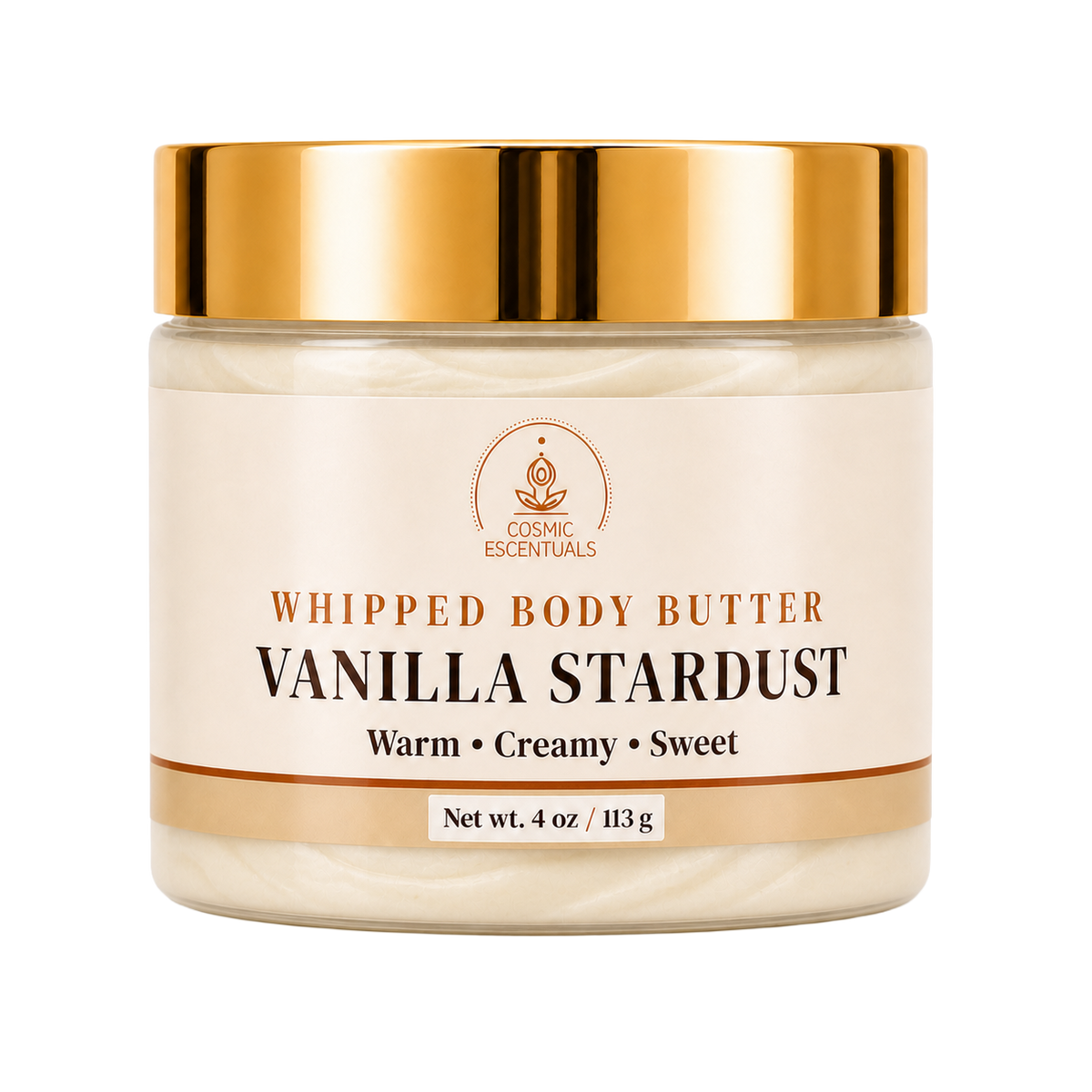 A jar of Cosmic Essentials Whipped Body Butter in Vanilla Stardust scent, featuring a shiny gold lid and a cream-colored label on a white background.