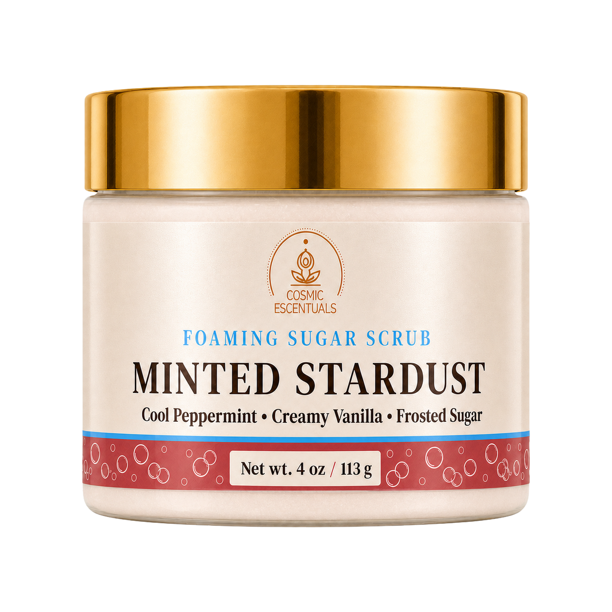 Cosmic Escentuals Minted Stardust Foaming Sugar Scrub in a 4 oz jar with a shiny gold lid and cream-colored label, isolated on a white background.