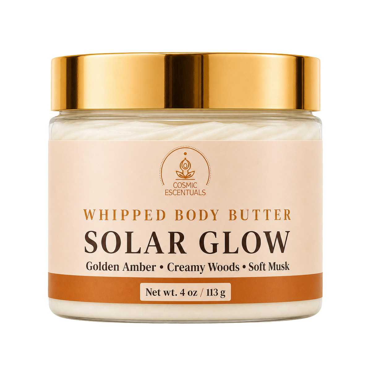 Cosmic Escentuals Solar Glow Whipped Body Butter in a 4 oz glass jar with a shiny gold lid and a beige label, isolated on a white background.
