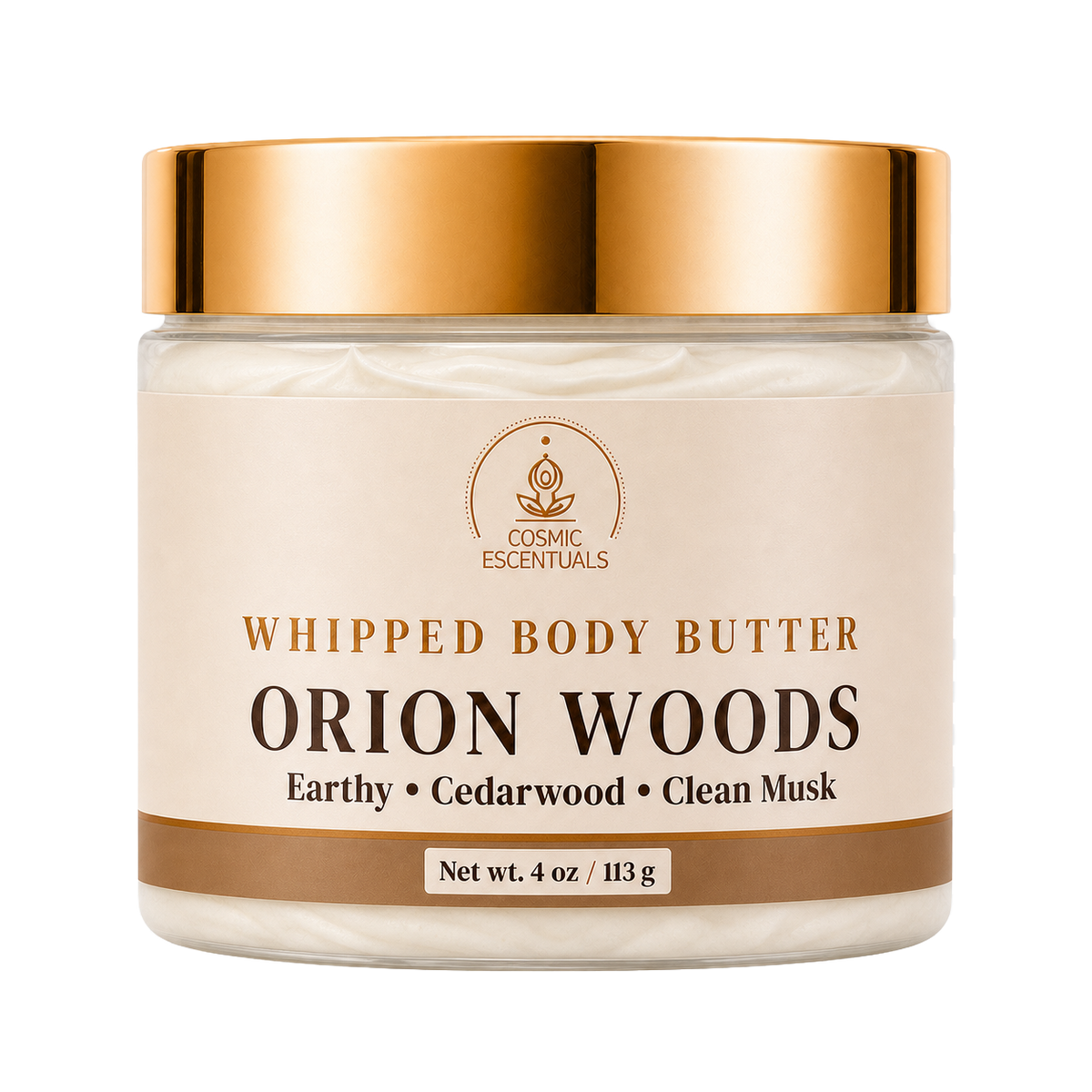 Cosmic Essentials Whipped Body Butter in the scent Orion Woods, in a 4 oz jar with a metallic gold lid and cream-colored label.