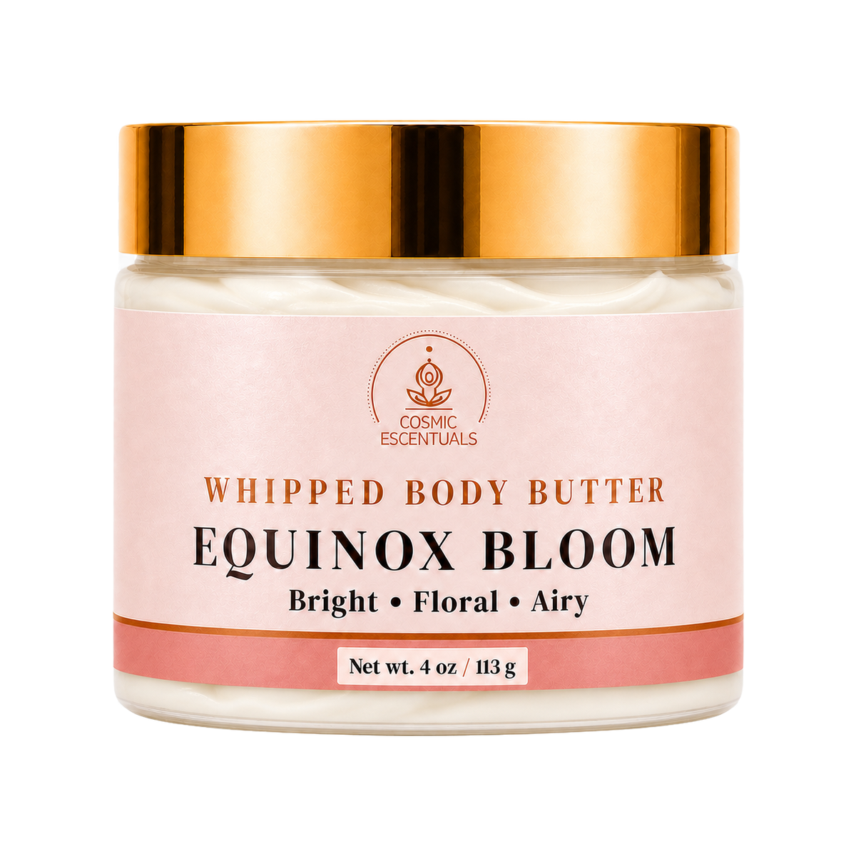 Cosmic Escentuals Equinox Bloom Whipped Body Butter in a clear jar with a metallic gold lid and a light pink label, shown on a white background.
