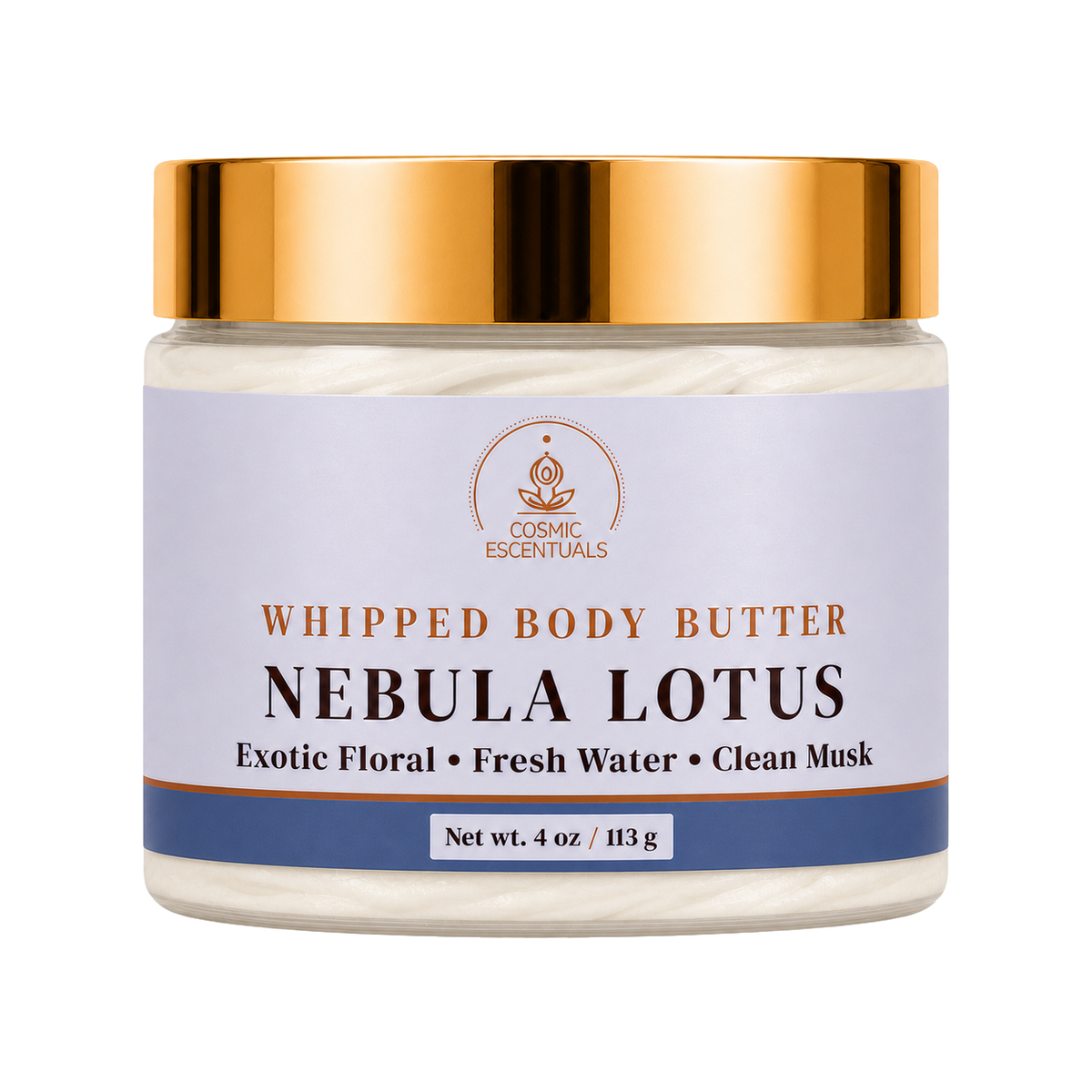 Cosmic Essentials Whipped Body Butter in Nebula Lotus scent, in a 4 oz jar with a shiny gold lid and a lavender label.