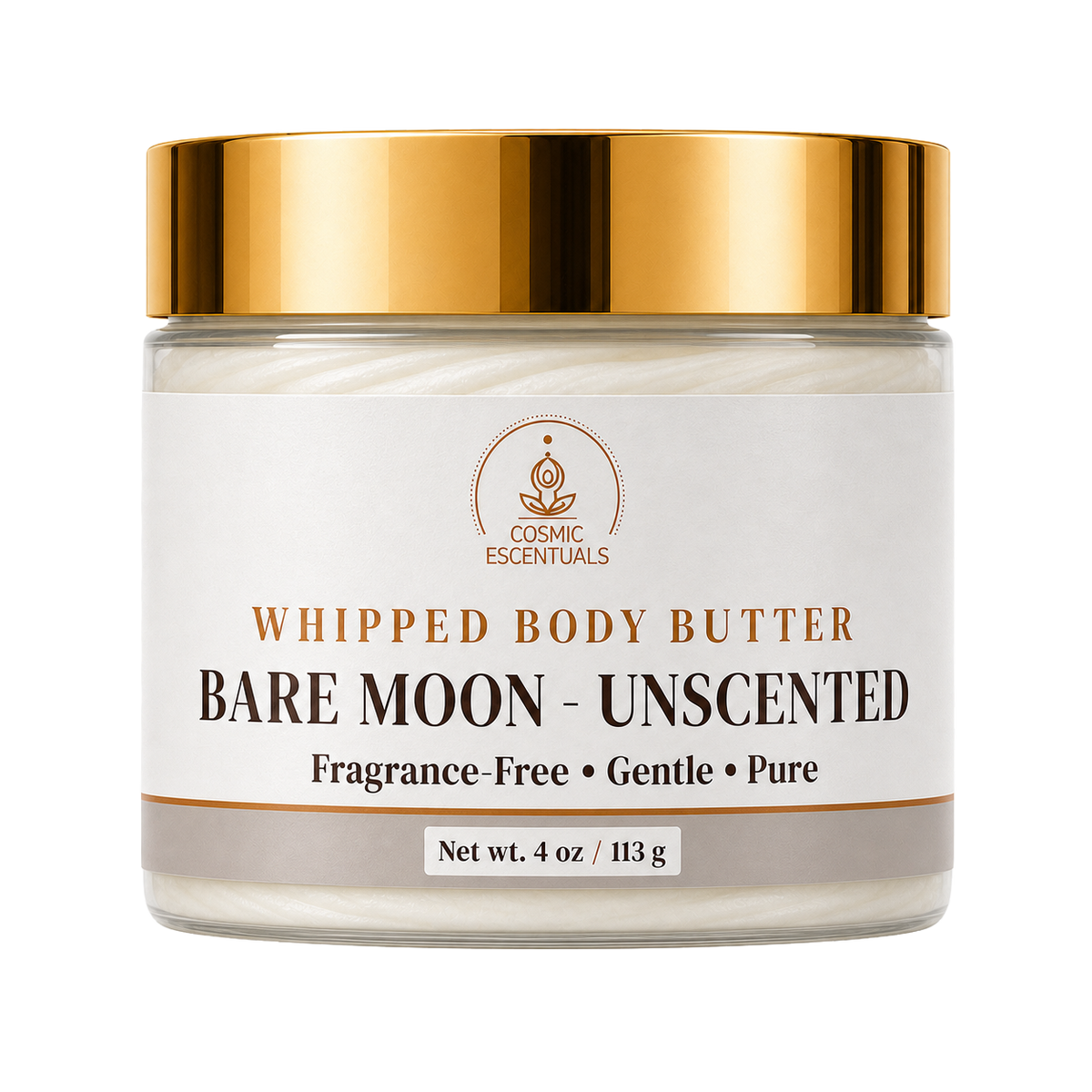 A jar of Cosmic Essentials Whipped Body Butter, Bare Moon - Unscented, featuring a white label and a shiny gold lid, set against a plain white background.