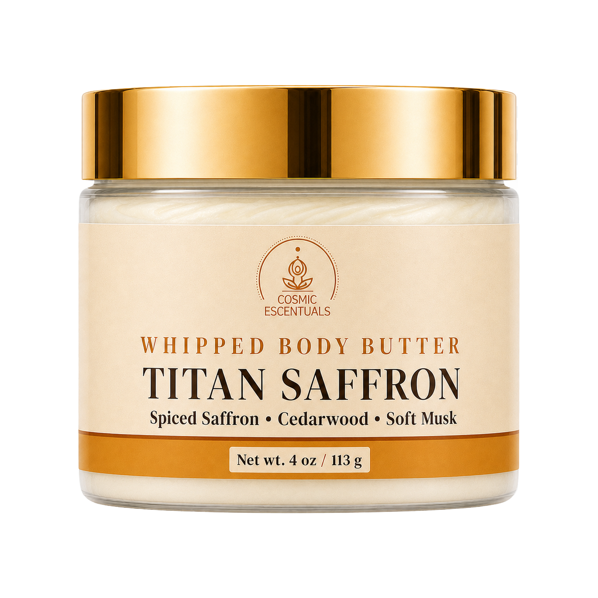 A jar of Cosmic Essentials Titan Saffron Whipped Body Butter with a metallic gold lid and a beige label, set against a plain white background.