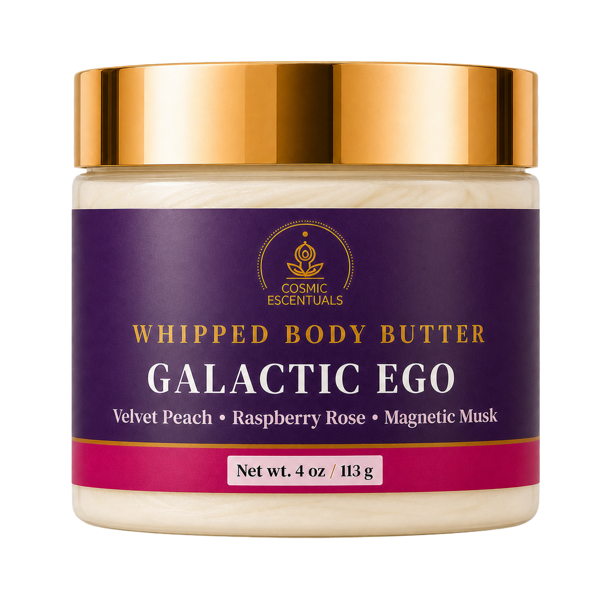 A jar of Cosmic Escentuals Whipped Body Butter in the scent Galactic Ego, featuring a deep purple label with gold lettering and a metallic gold lid, set against a plain white background.