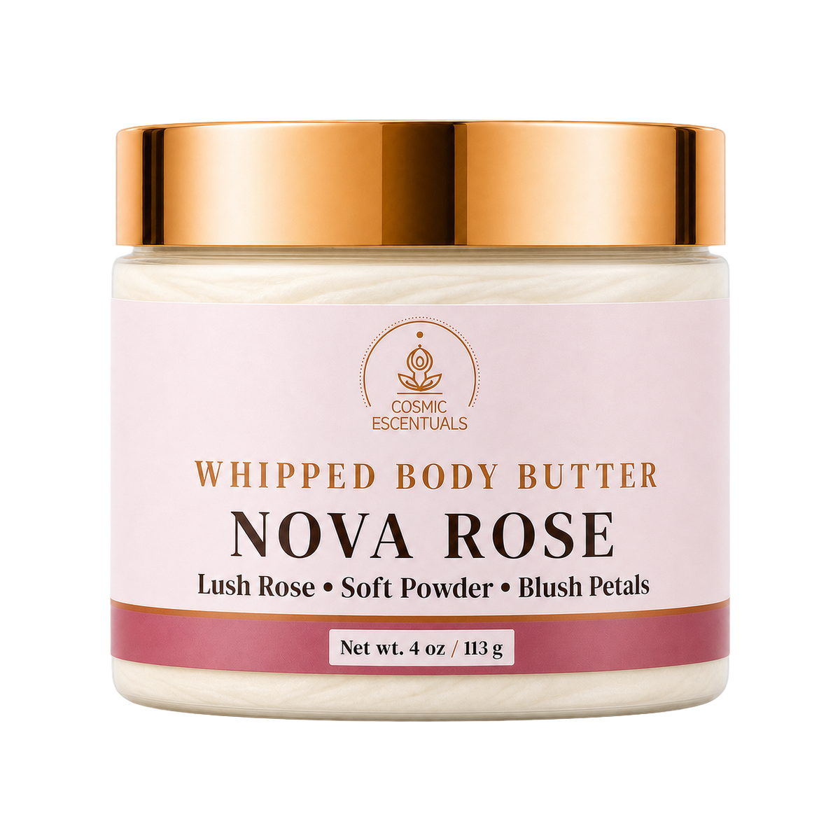 Cosmic Escentuals Whipped Body Butter in Nova Rose, featuring a pale pink jar with a metallic rose gold lid and a matching pink label.