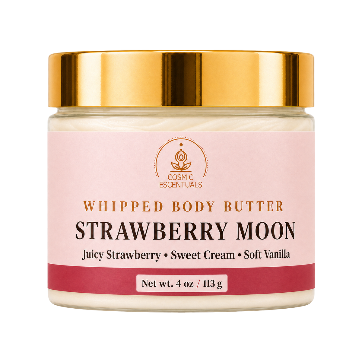 A jar of Cosmic Escentuals Whipped Body Butter in the Strawberry Moon scent, featuring a light pink label with a shiny gold lid, set against a plain white background.