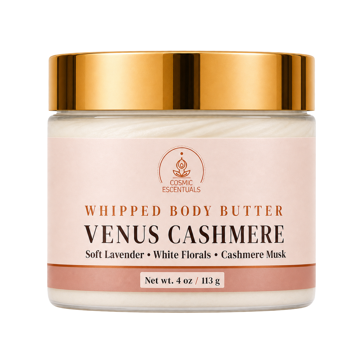 Cosmic Essentials Venus Cashmere Whipped Body Butter in a clear jar with a reflective gold lid and a pale pink label, shown on a solid white background.