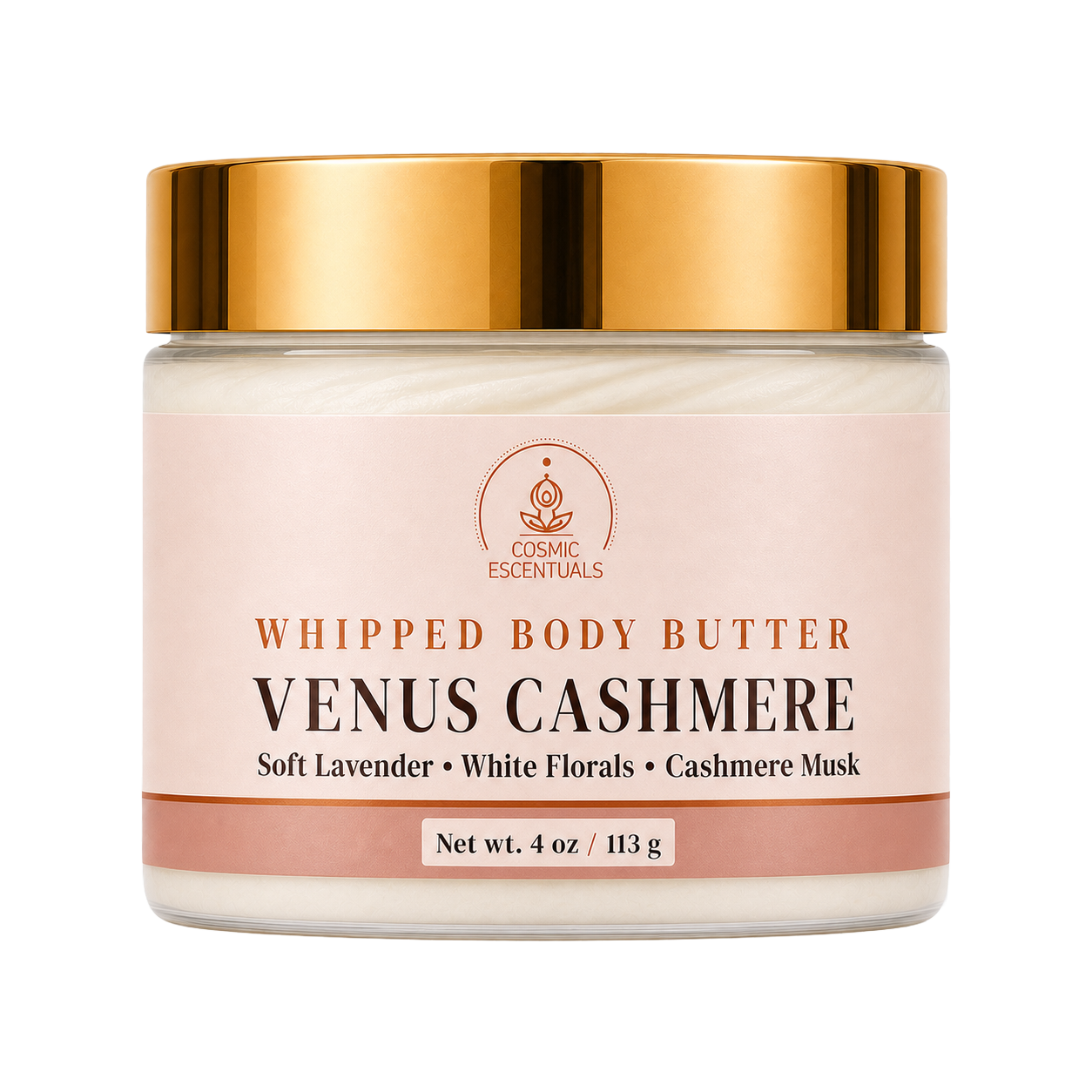 Cosmic Essentials Venus Cashmere Whipped Body Butter in a clear jar with a reflective gold lid and a pale pink label, shown on a solid white background.