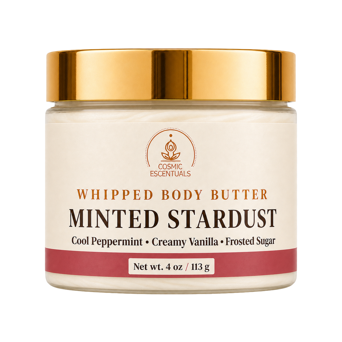 Cosmic Escentuals Whipped Body Butter in Minted Stardust scent, in a 4 oz glass jar with a shiny gold lid and cream-colored label.