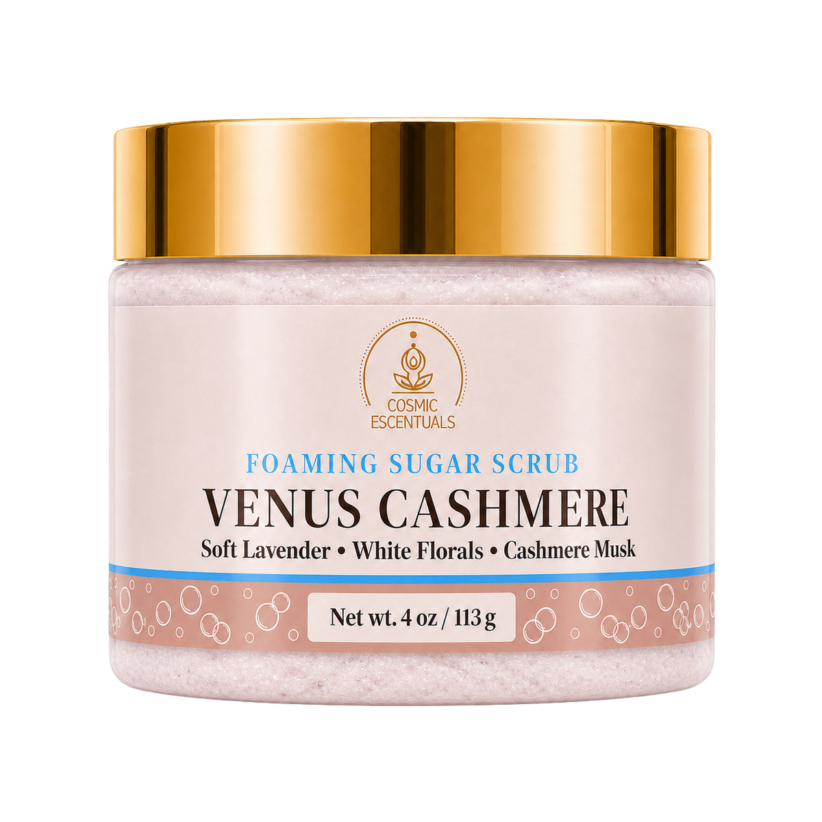 Cosmic Essentials Venus Cashmere Foaming Sugar Scrub in a 4 oz jar with a gold metallic lid and a beige label.