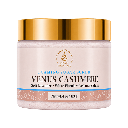 Cosmic Essentials Venus Cashmere Foaming Sugar Scrub in a 4 oz jar with a gold metallic lid and a beige label.
