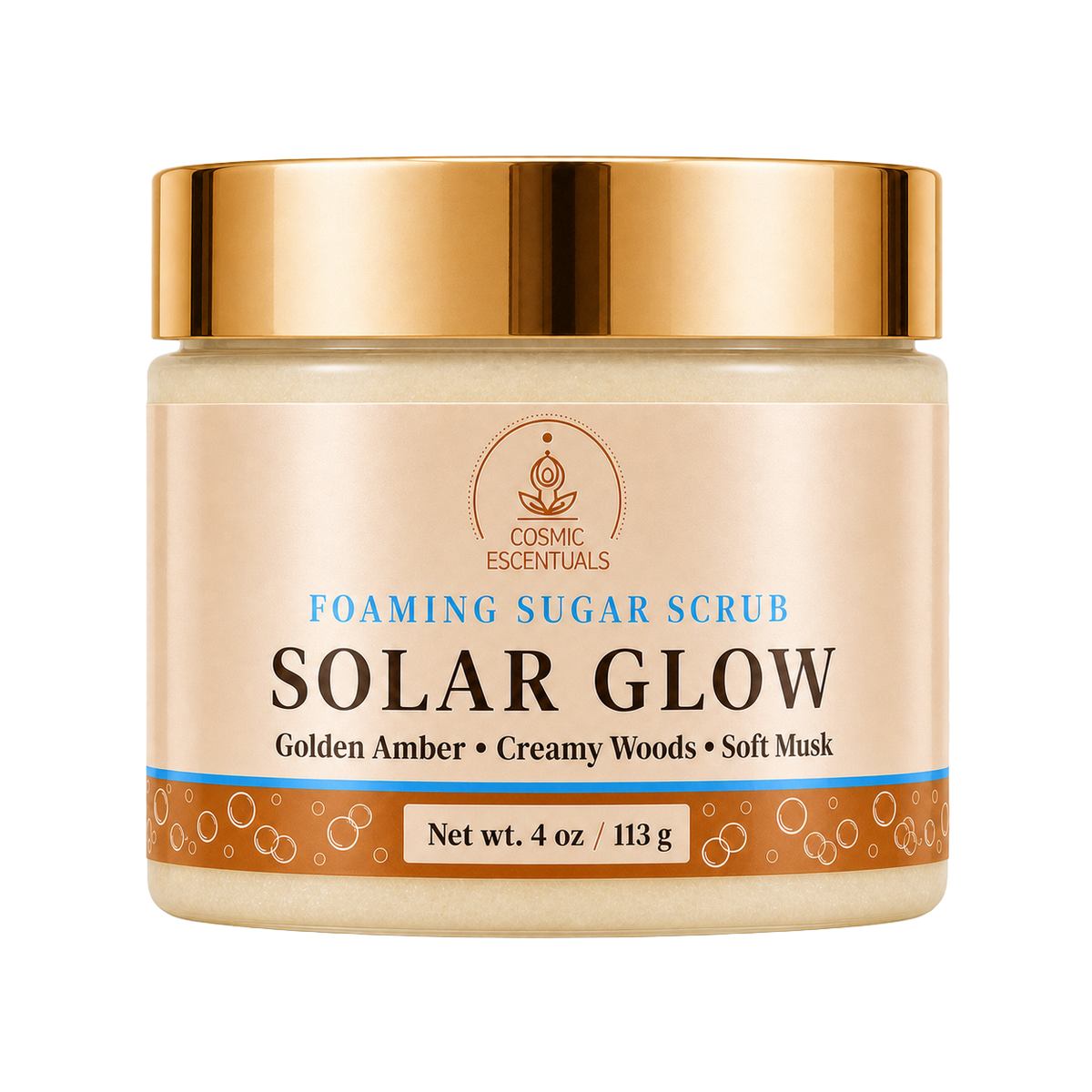Cosmic Escentuals Solar Glow Foaming Sugar Scrub in a 4 oz jar with a metallic gold lid and a beige label, isolated on a white background.