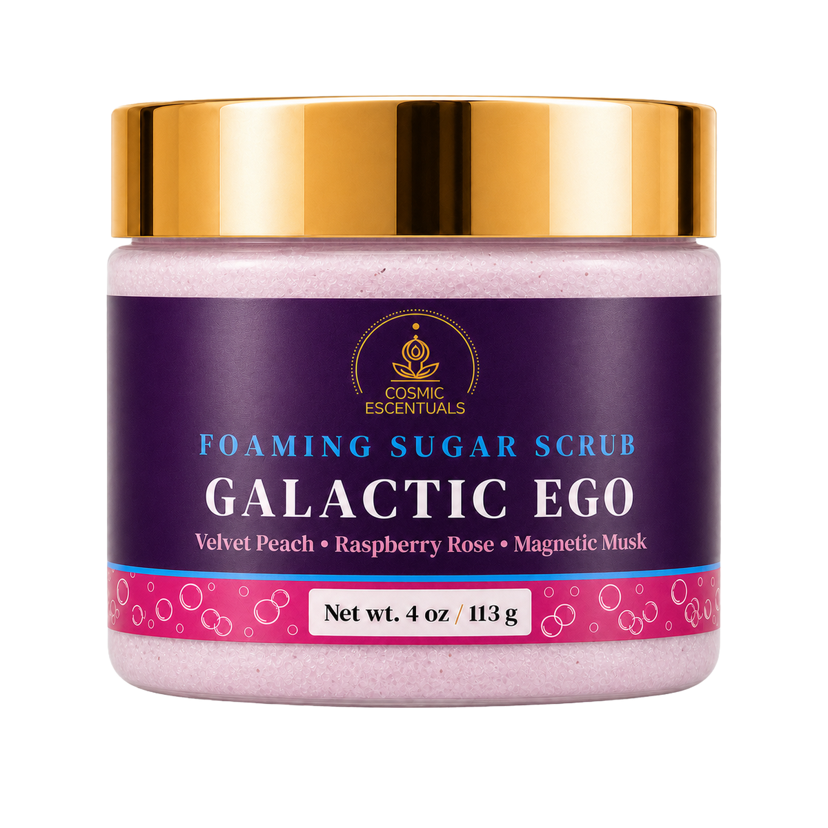 Cosmic Escentuals Galactic Ego Foaming Sugar Scrub in a 4 oz jar with a purple label and a metallic gold lid, set against a plain white background.