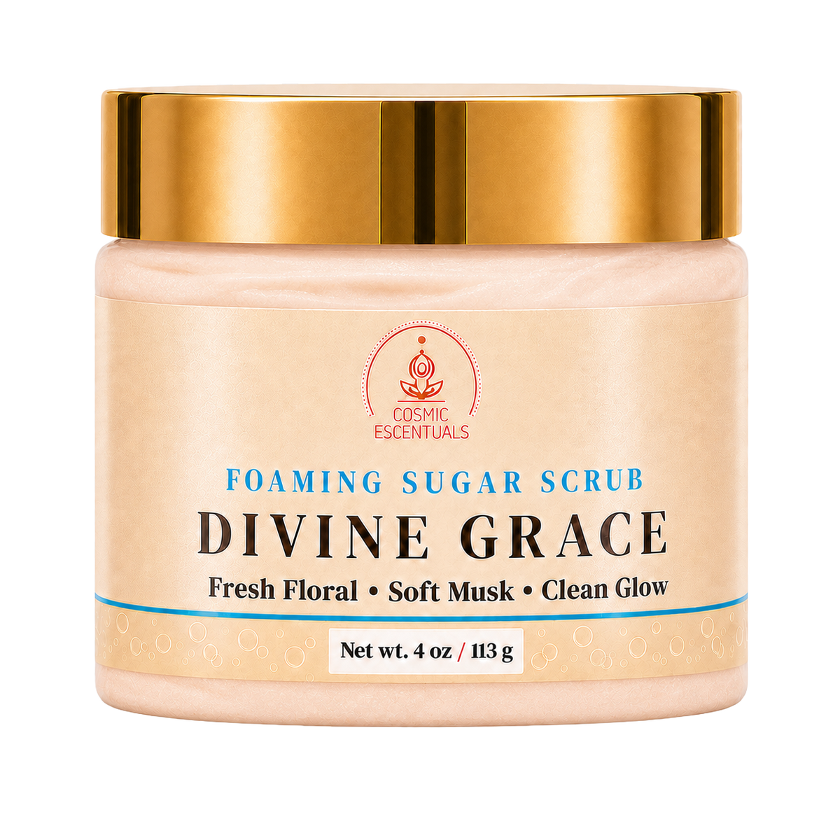A jar of Divine Grace Foaming Sugar Scrub by Cosmic Essentials, featuring a metallic gold lid and a beige label with blue and black text, set against a plain white background.