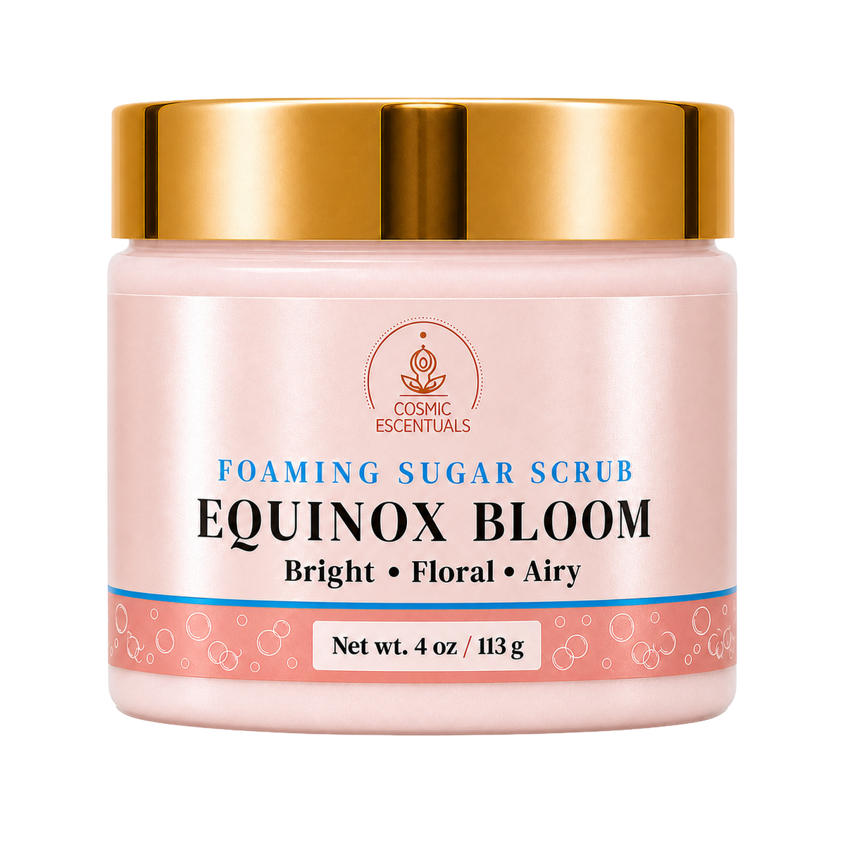 Cosmic Escentuals Equinox Bloom Foaming Sugar Scrub in a 4 oz jar with a metallic gold lid and a pink label.