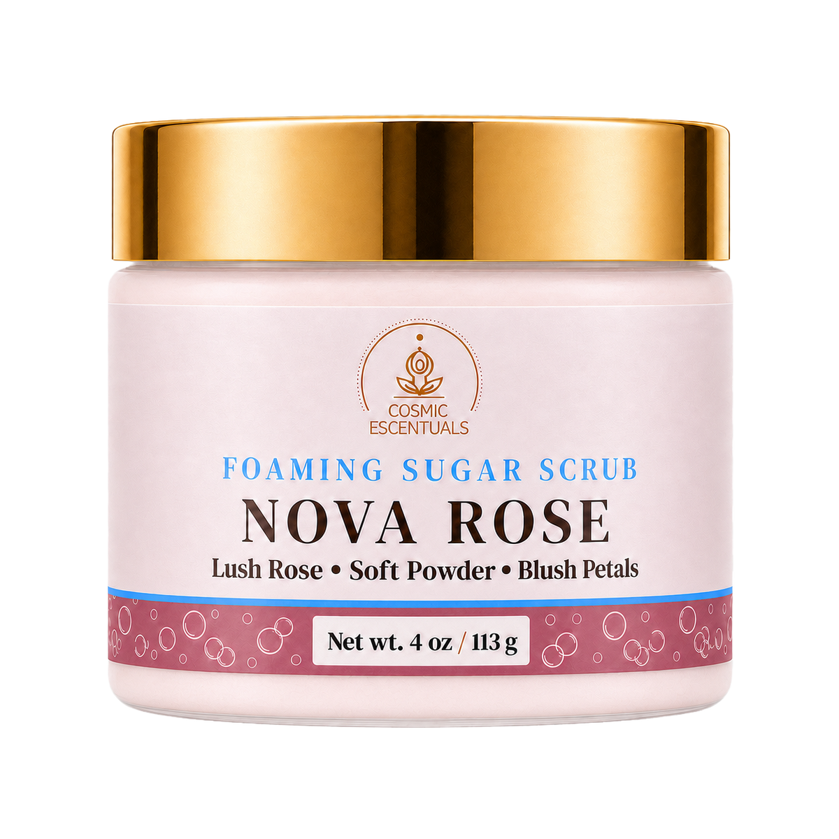 Cosmic Escentuals Nova Rose Foaming Sugar Scrub in a 4 oz jar with a shiny gold lid and a pale pink label.