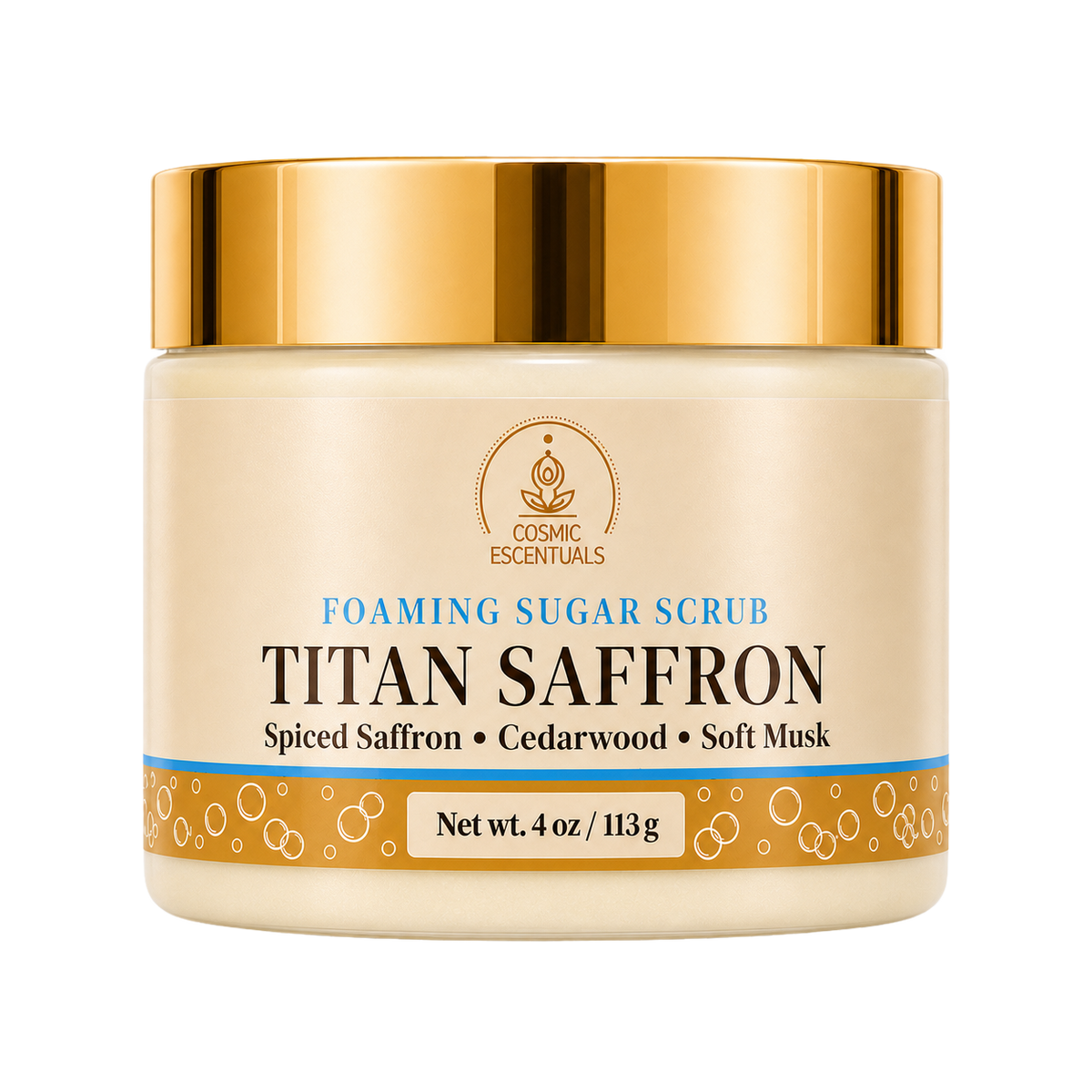 Cosmic Essentials Titan Saffron Foaming Sugar Scrub in a 4 oz jar with a shiny gold lid and cream-colored label.