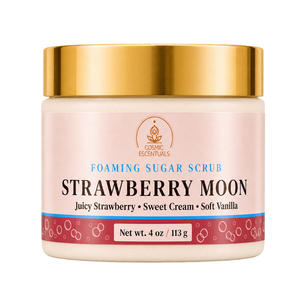 Cosmic Escentuals Strawberry Moon Foaming Sugar Scrub in a 4 oz jar with a gold lid, cream-colored body, and a pink label with blue and red accents.