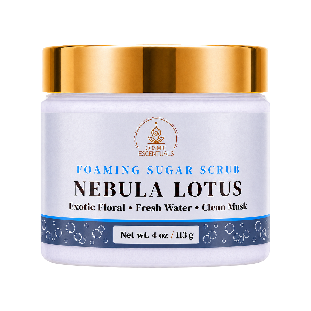 Cosmic Essentials Nebula Lotus Foaming Sugar Scrub in a white jar with a shiny gold lid and a blue-accented label, isolated on a white background.