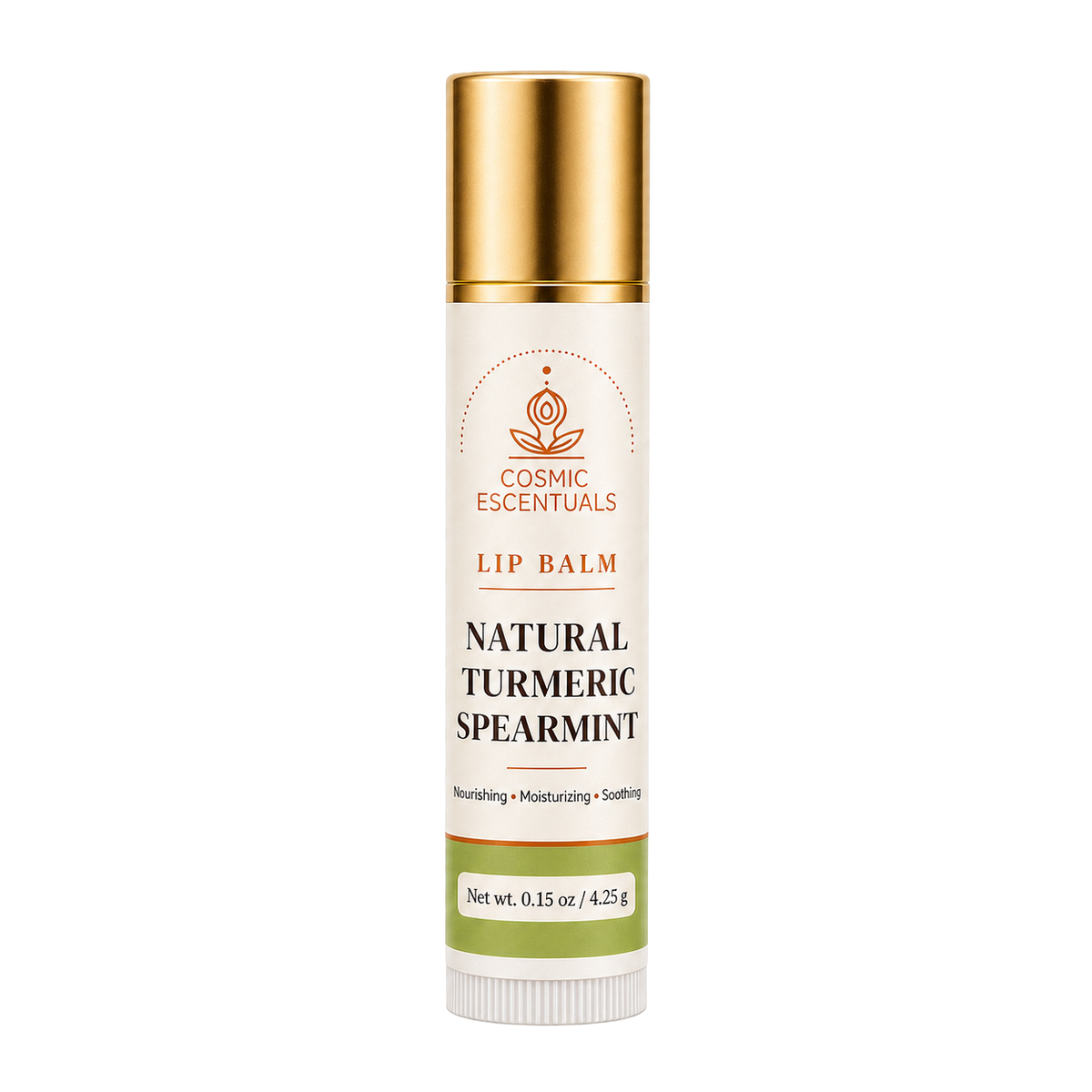 Natural Turmeric Spearmint Lip Balm tube shown on its own against a plain background.