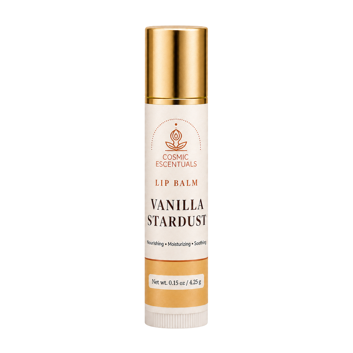 A single tube of lip balm on a plain white background. The tube has a white label with gold and orange text, reading 'COSMIC ESSENTIALS' and 'VANILLA STARDUST', with a metallic gold cap and a gold band near the bottom.