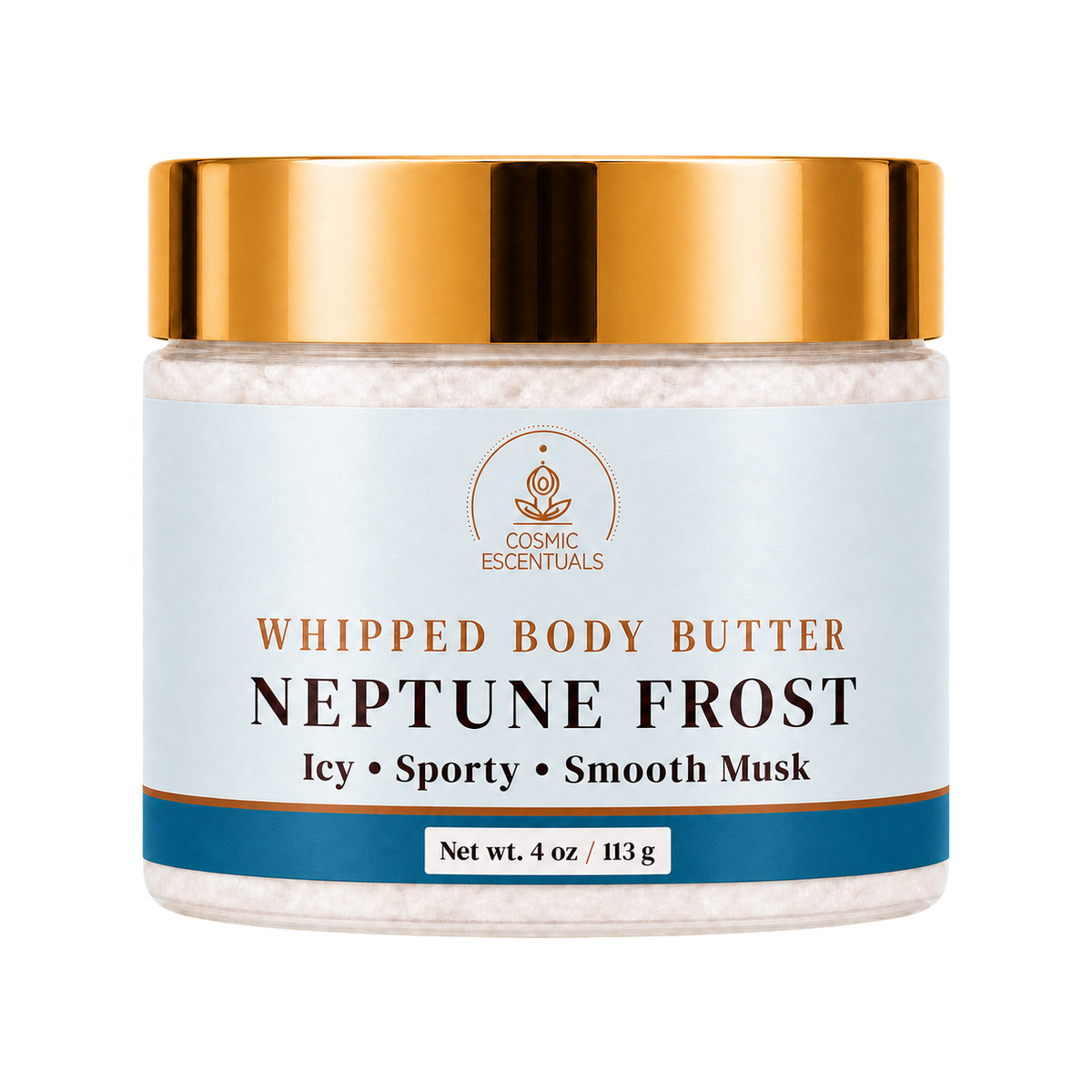 Cosmic Escentuals Neptune Frost Whipped Body Butter in a clear jar with a metallic gold lid and a light blue label, shown on a plain white background.