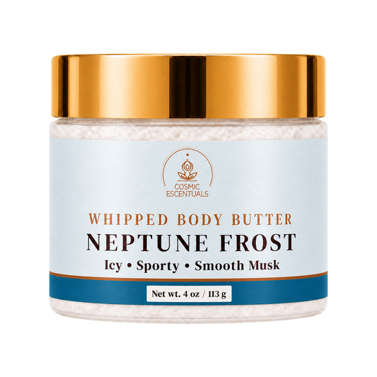 Cosmic Escentuals Neptune Frost Whipped Body Butter in a clear jar with a metallic gold lid and a light blue label, shown on a plain white background.