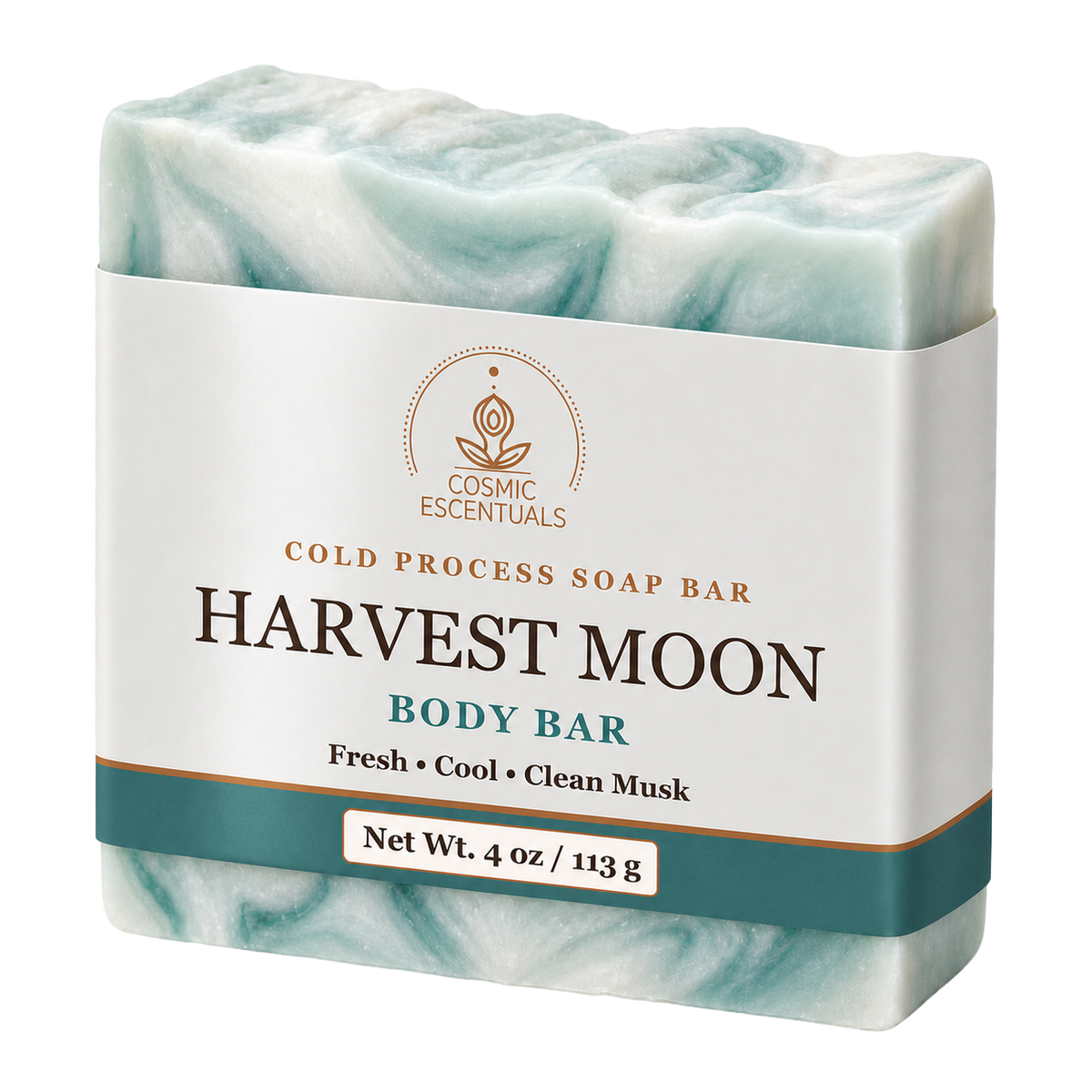 A single bar of body soap wrapped in a white paper label. The soap has a marbled pattern of pale aqua blue and white.