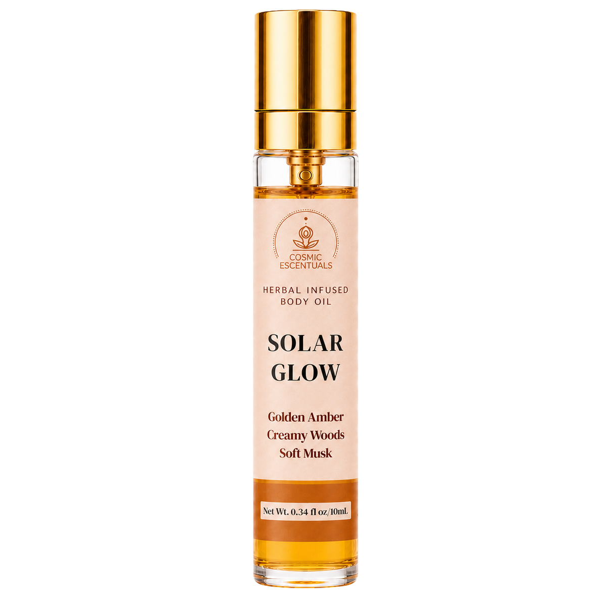 Solar Glow Herbal Body Oil Spray bottle shown on its own against a plain background.