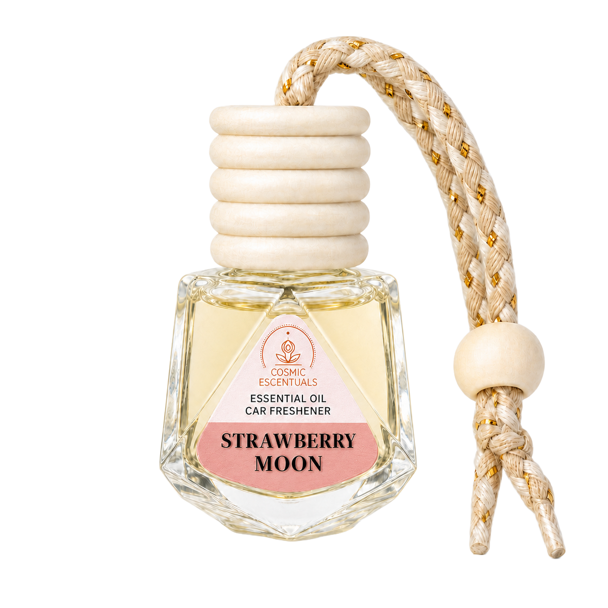 A car freshener bottle with a cream-colored wooden cap and a braided cord, labeled 'STRAWBERRY MOON' by Cosmic Escentuals, on a solid white background.