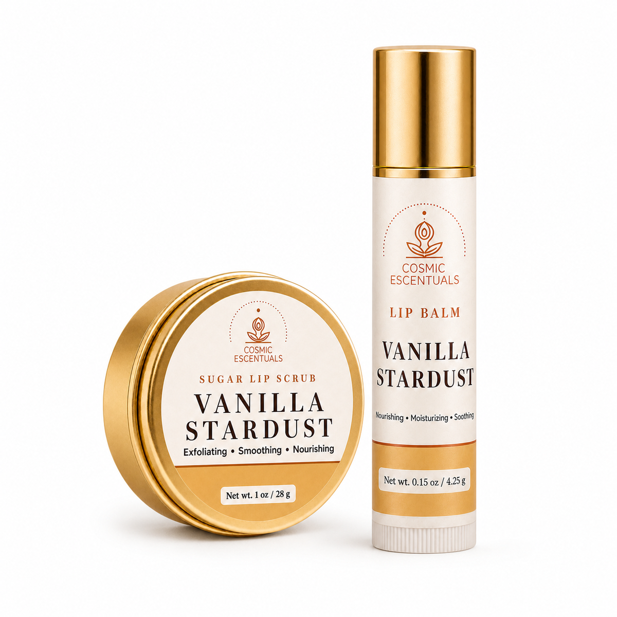Cosmic Escentuals Vanilla Stardust lip scrub in a round gold tin and lip balm in a gold-and-cream tube, both labeled 'Vanilla Stardust' on a clean white background.