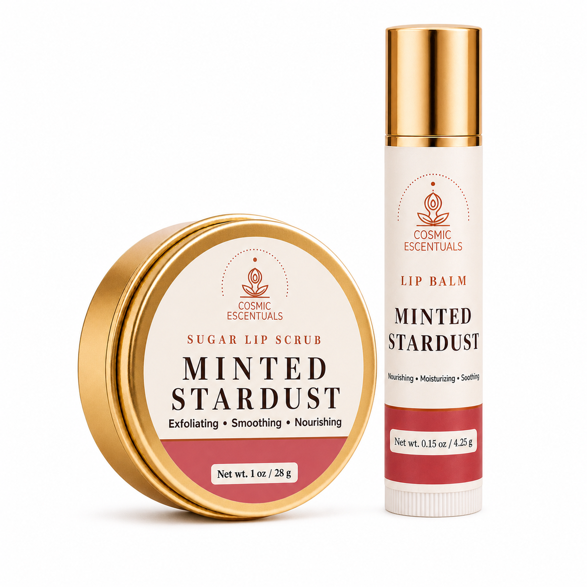 Cosmic Escentuals Minted Stardust lip balm and sugar lip scrub set, featuring a round gold tin of lip scrub and a matching gold-and-cream tube of lip balm on a white background.