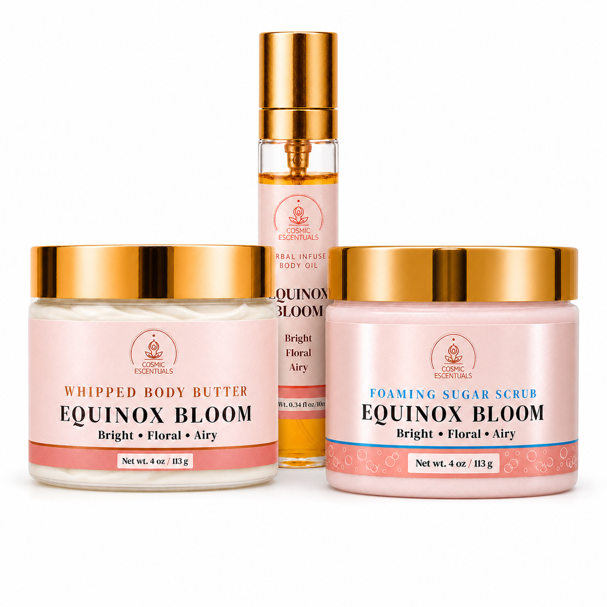 Equinox Bloom Bundle: Body Butter, Scrub & Oil Set, the full set shown together on a clean white background.