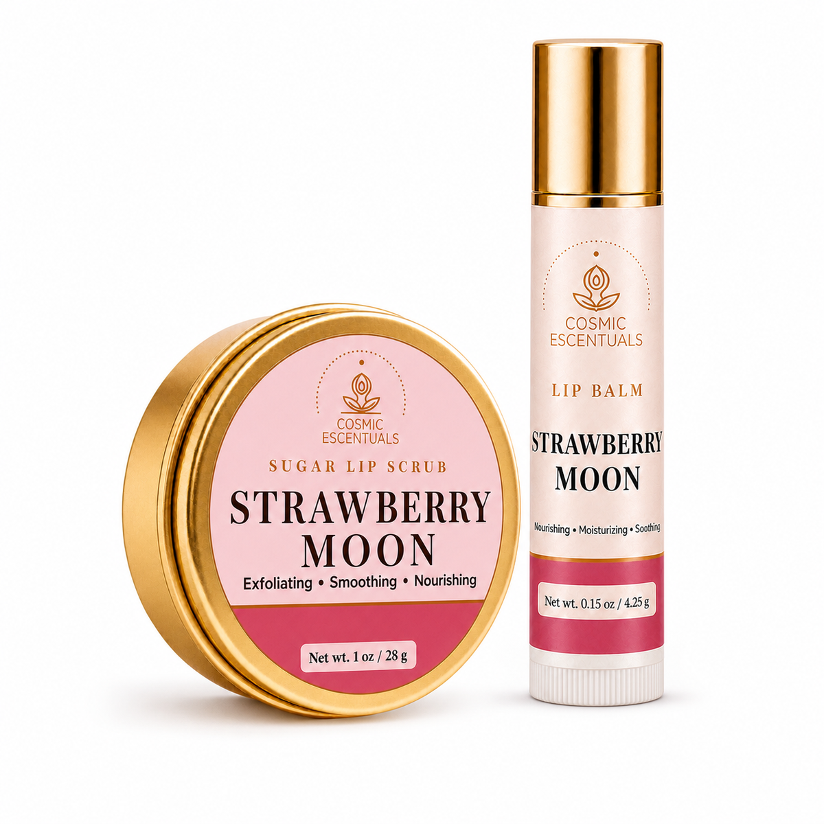 Cosmic Escentuals Strawberry Moon lip scrub in a round gold tin and a matching lip balm tube with a gold cap, both on a white background.