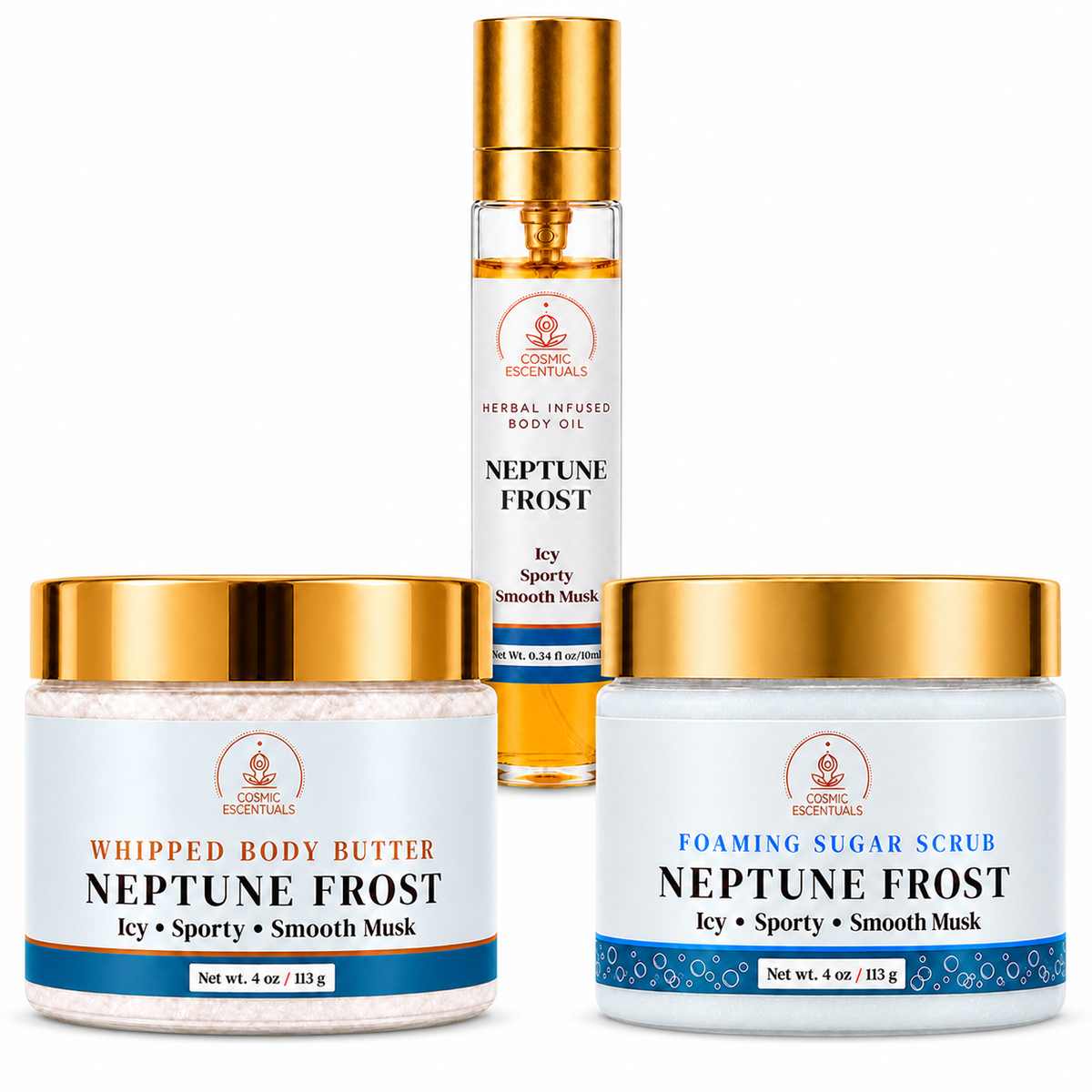 Cosmic Escentuals body care products from the Neptune Frost line: a whipped body butter jar, a foaming sugar scrub jar, and a body oil spray bottle, arranged on a plain white background.