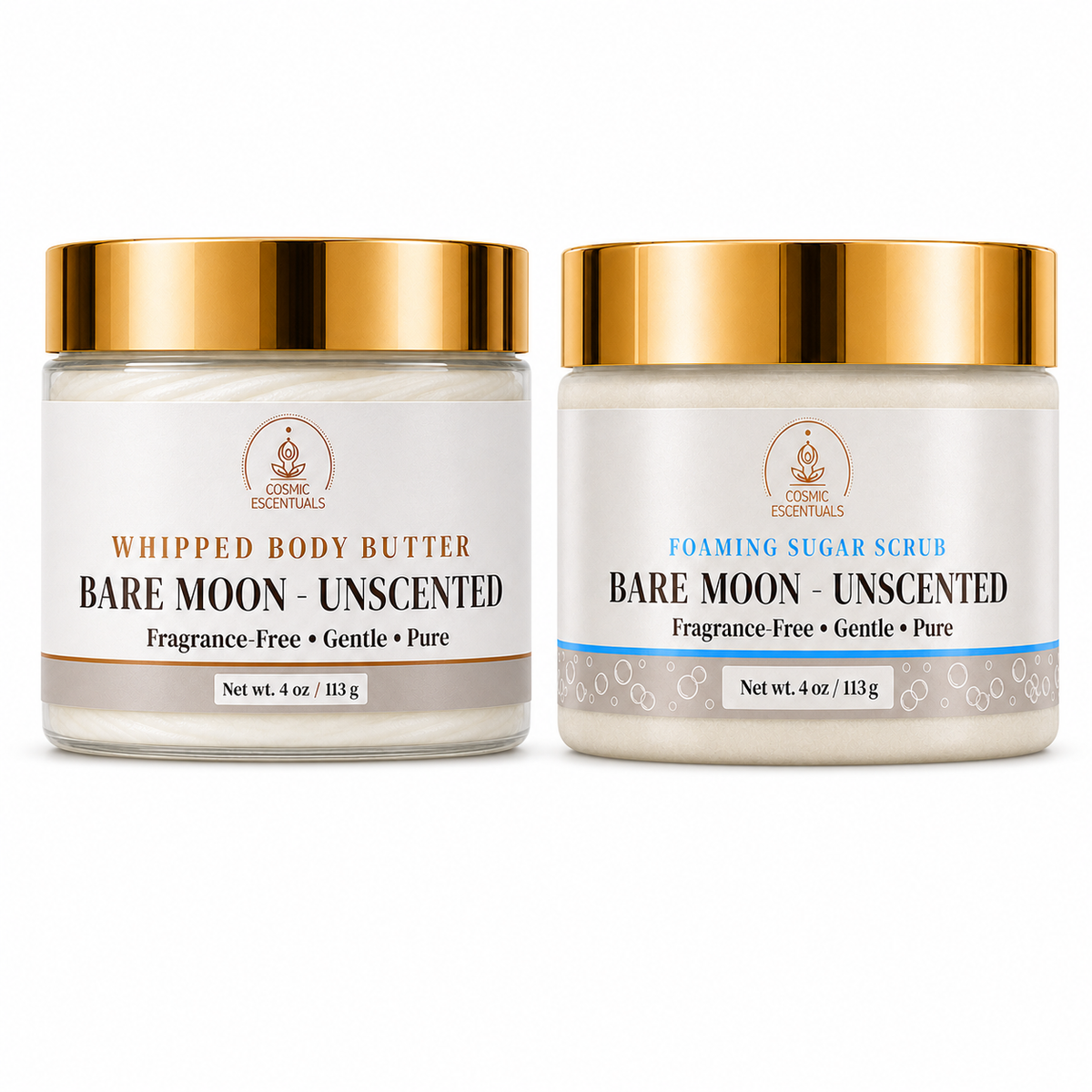 Bare Moon Unscented Bundle: Body Butter & Scrub Set, the full set shown together on a clean white background.