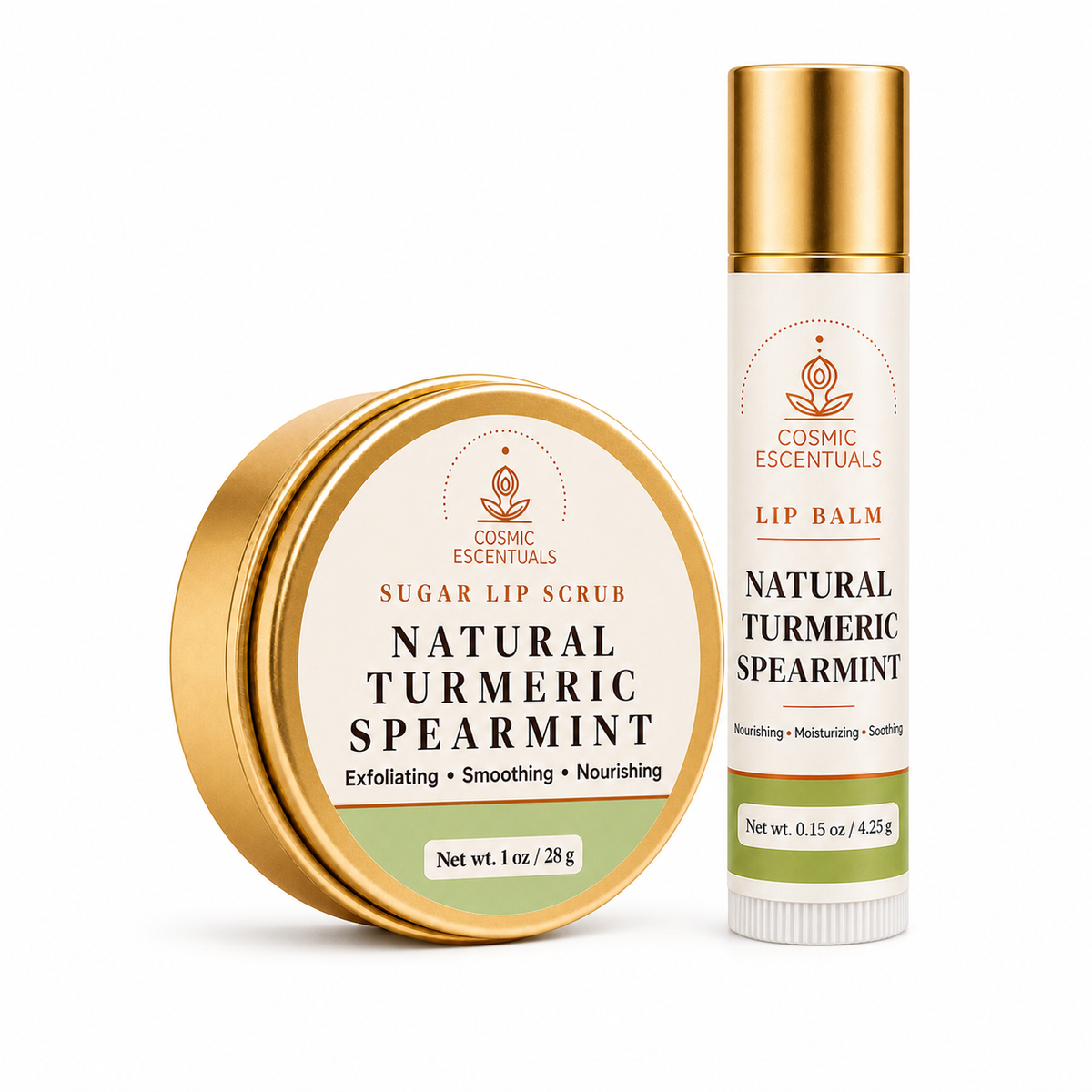 Cosmic Essentials Natural Turmeric Spearmint lip scrub in a round gold tin next to Natural Turmeric Spearmint lip balm in a gold-and-white tube, on a white background.