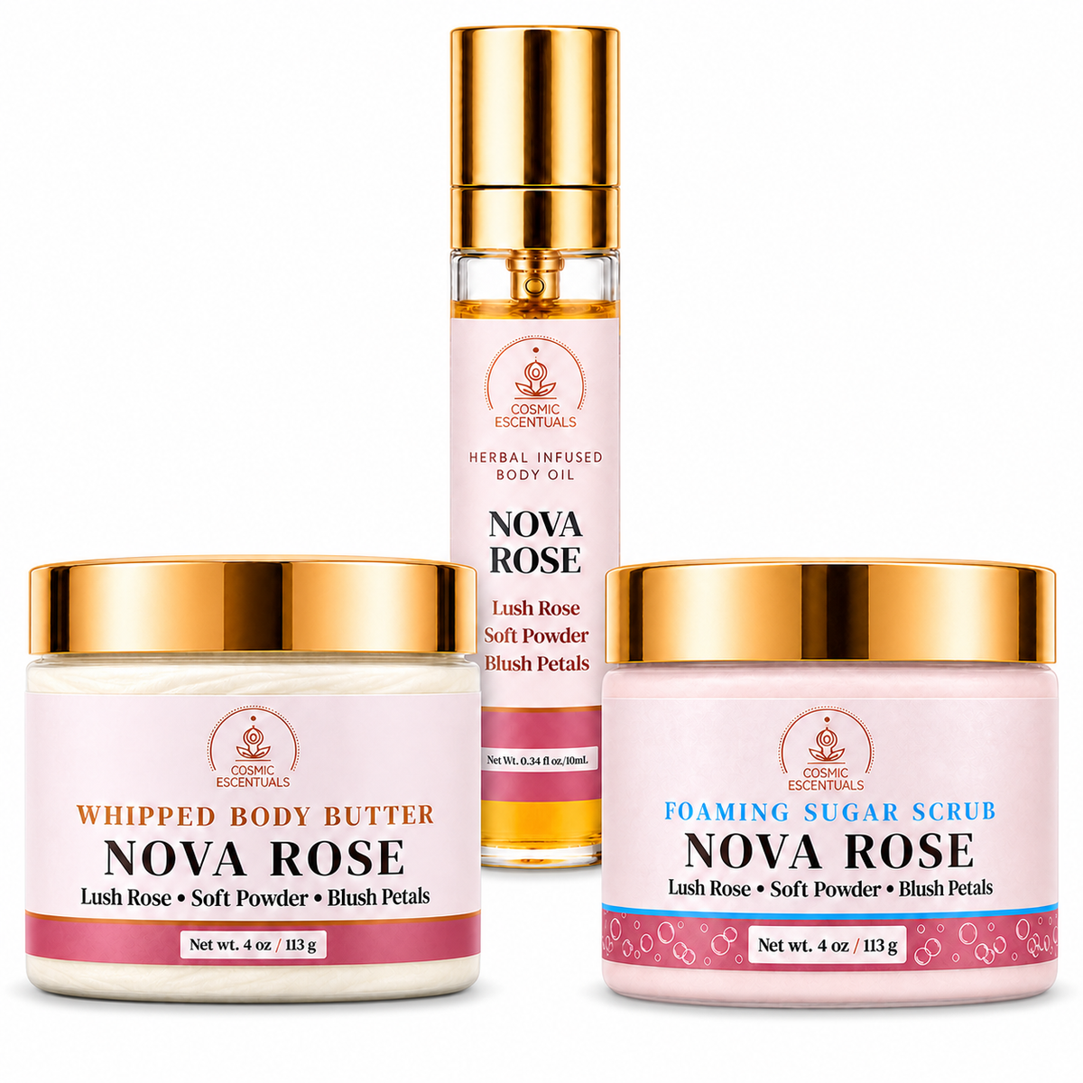 Cosmic Escentuals NOVA ROSE products on a white background: a whipped body butter jar, a foaming sugar scrub jar, and a spray bottle of infused body oil. The containers are light pink with shiny gold lids and metallic rose-pink bands.