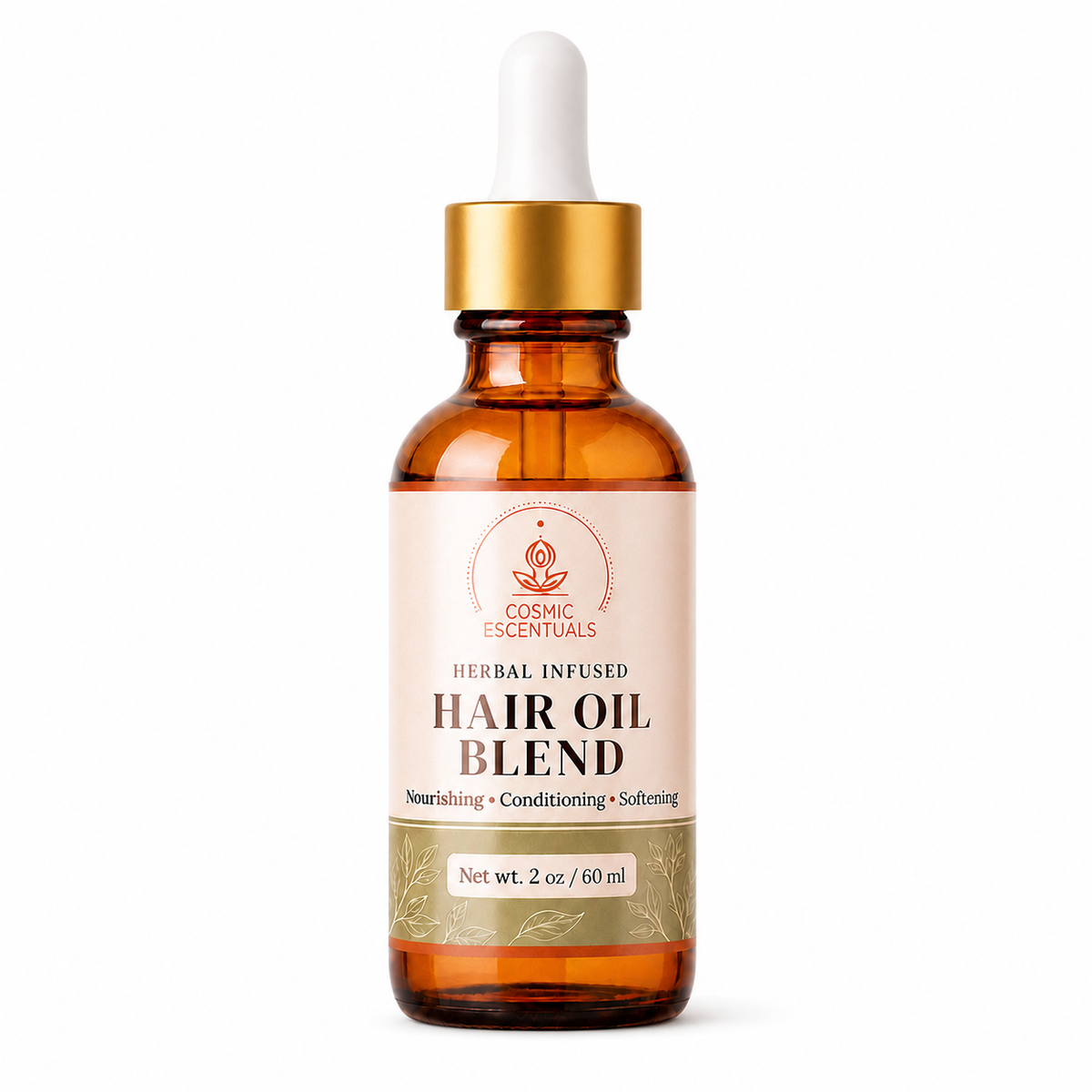 A 2 oz amber glass dropper bottle of Cosmic Escentuals Herbal Infused Hair Oil Blend, featuring a gold collar and a cream-colored label with black text, set against a plain white background.