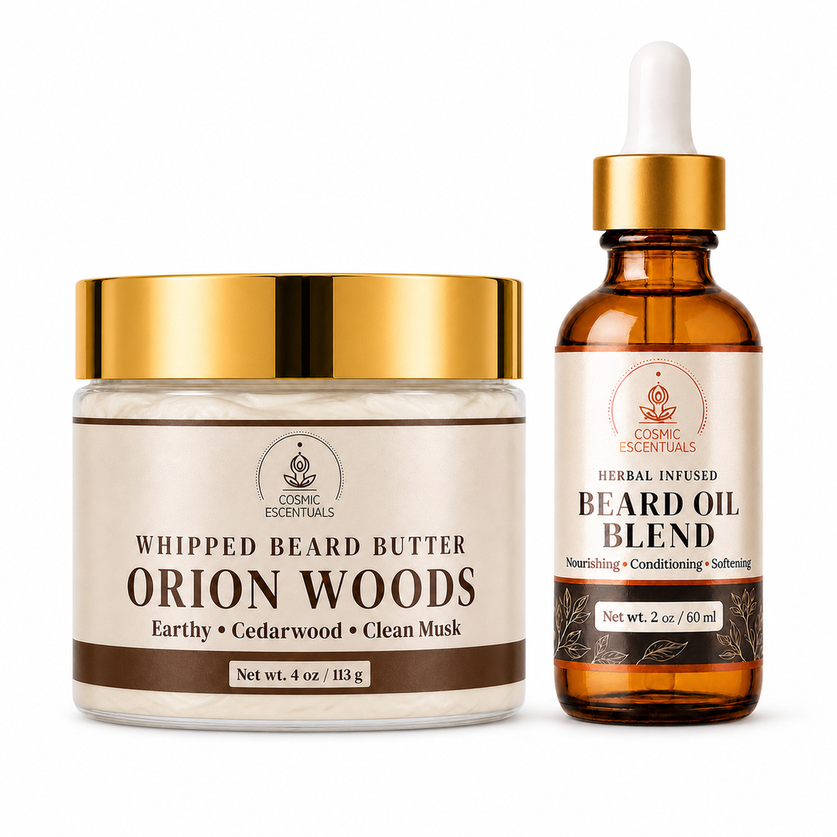 Cosmic Escentuals Beard Care set featuring a jar of Whipped Beard Butter in Orion Woods and a bottle of Herbal Infused Beard Oil Blend, both on a clean white background.