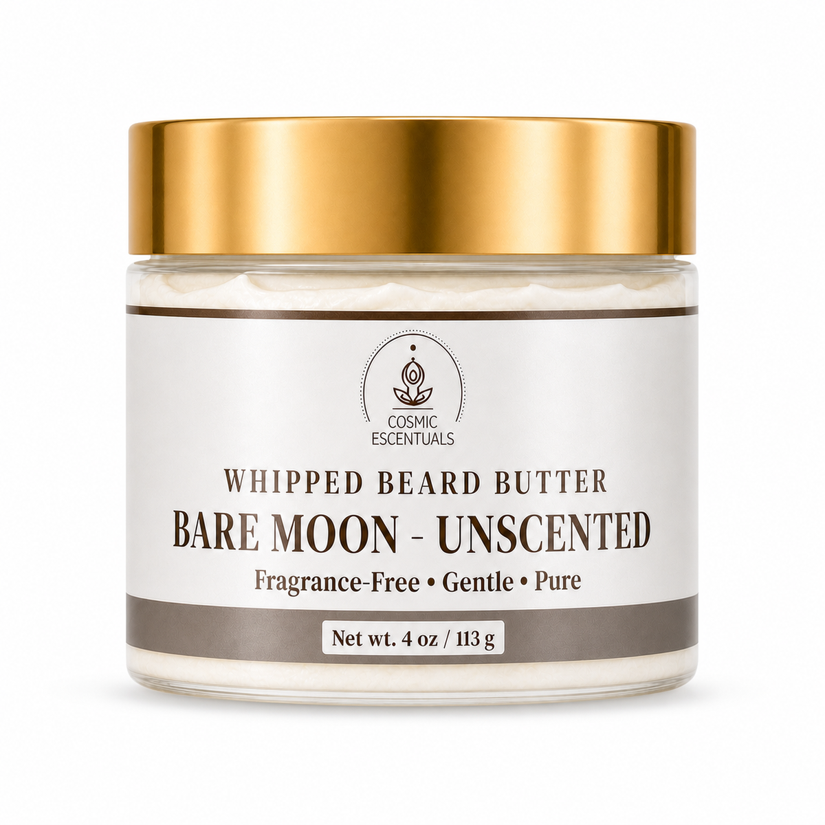 A jar of Cosmic Essentials Whipped Beard Butter, Bare Moon - Unscented, featuring a white label and a shiny gold lid, set against a plain white background.