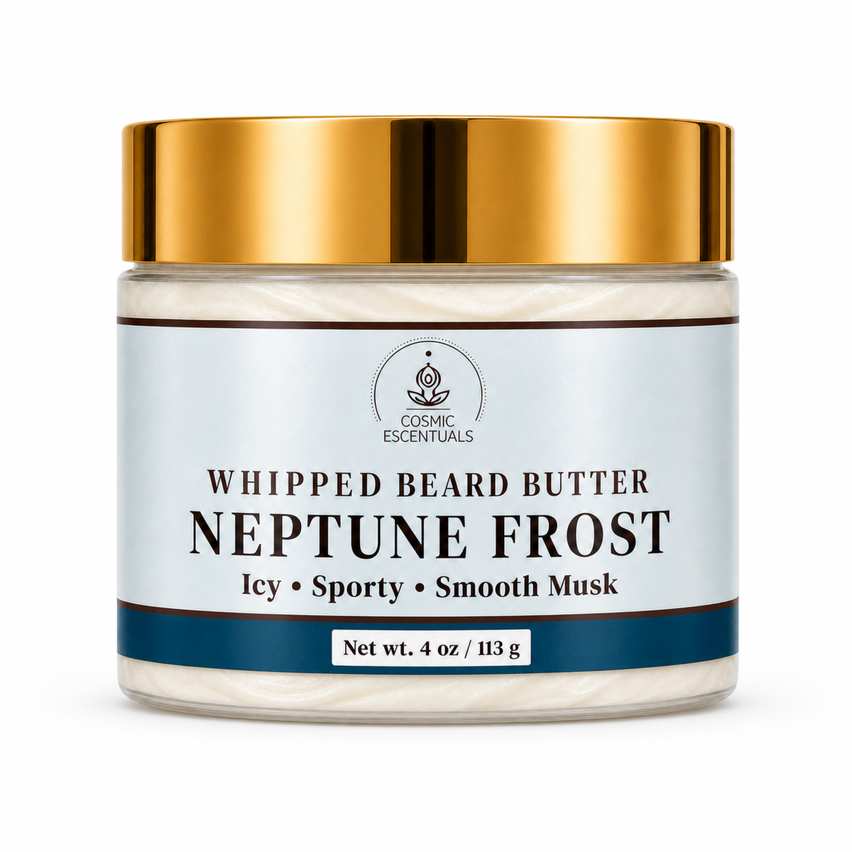 Cosmic Escentuals Neptune Frost Whipped Beard Butter in a clear jar with a metallic gold lid and a white label with navy blue accents, set against a plain white background.