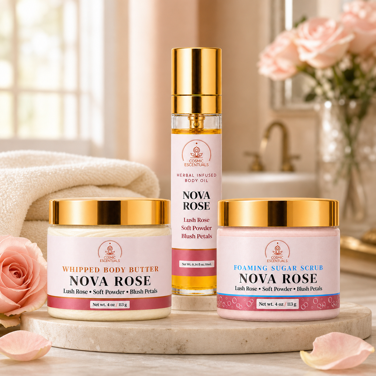 Three skincare products from Cosmic Escentuals are arranged on a marble tray with pink roses and soft-focus background decor. The products include Whipped Body Butter, Foaming Sugar Scrub, and a body oil bottle, all labeled Nova Rose.