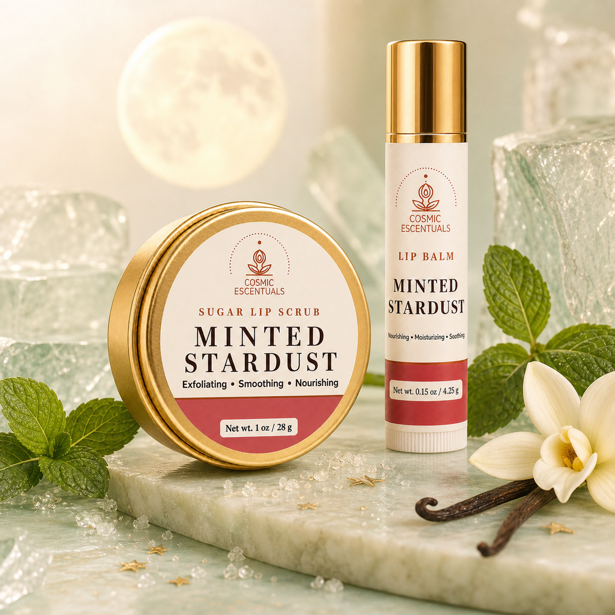 A cosmetic product set from Cosmic Escentuals featuring a round tin of Minted Stardust Sugar Lip Scrub and a matching lip balm tube, styled on a marble slab with mint leaves, vanilla beans, and a white flower.