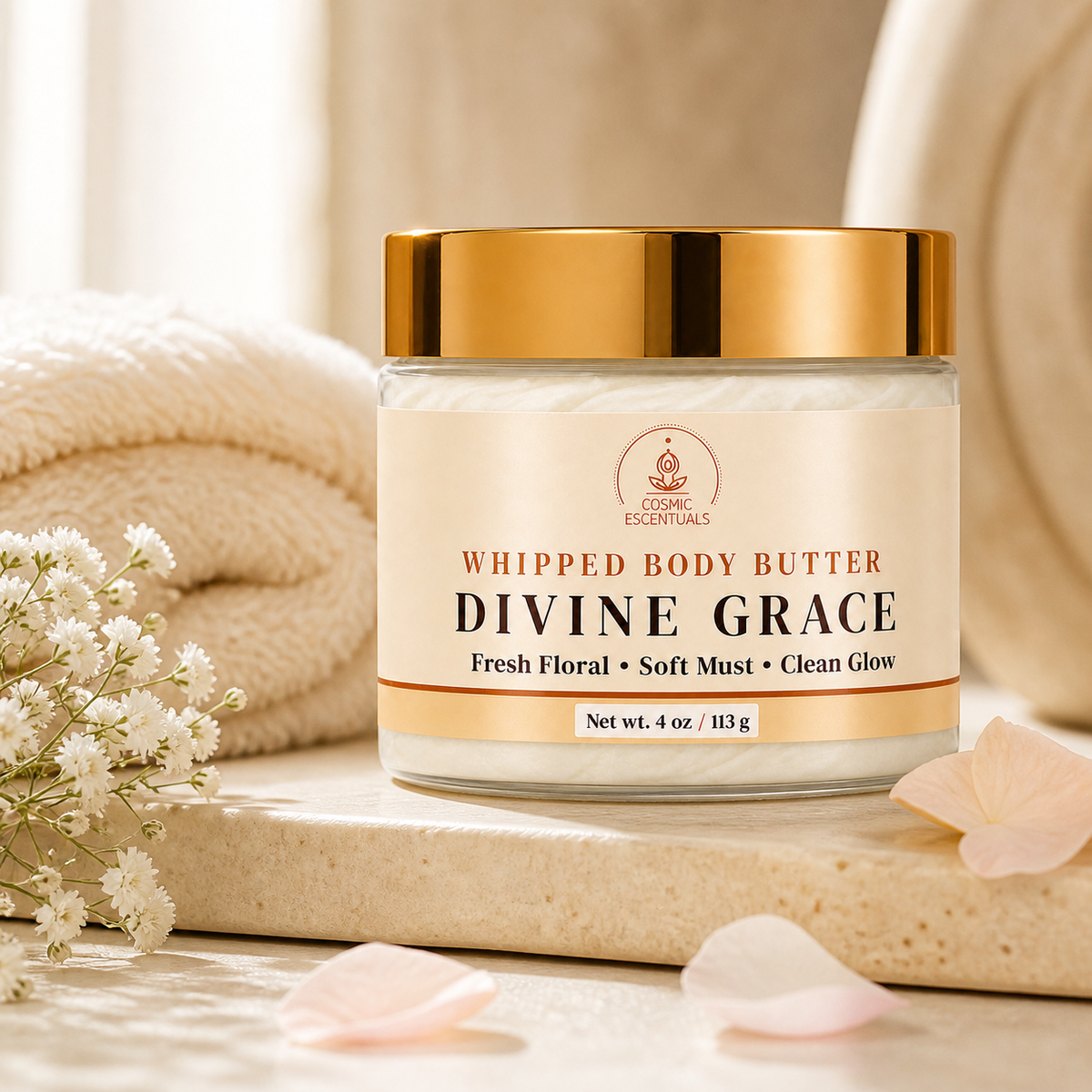 A jar of Divine Grace Whipped Body Butter by Cosmic Essentials sits on a stone slab with folded cream towels, white flowers, and soft pink petals around it.
