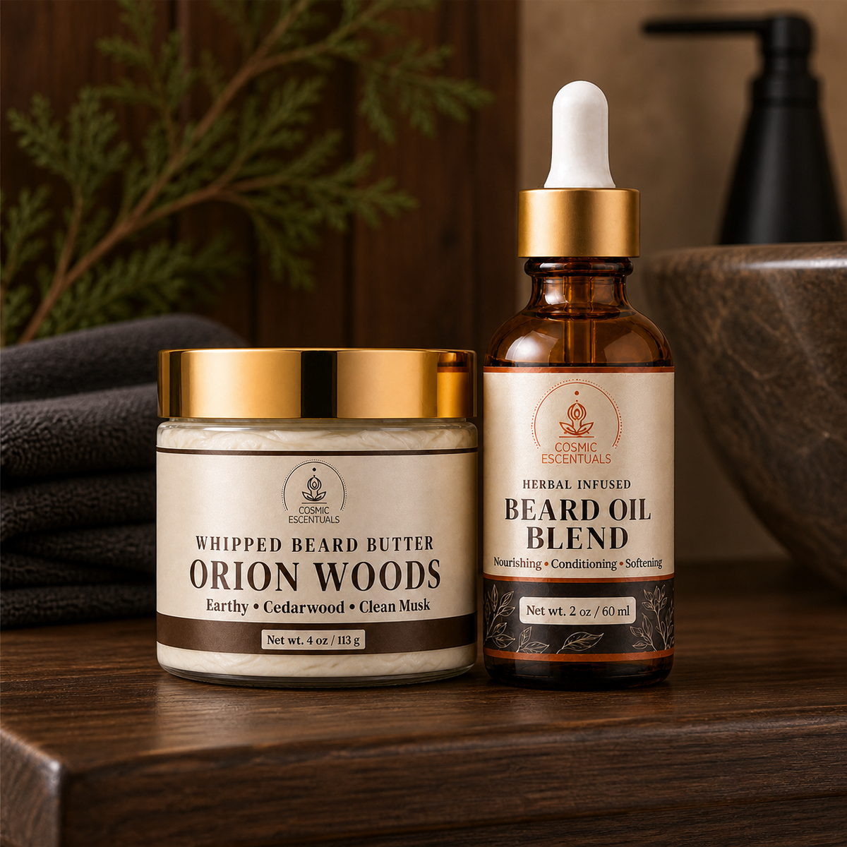 A jar of whipped beard butter and a dropper bottle of beard oil from Cosmic Escentuals, set on a dark wooden surface with a sink and greenery in the background.