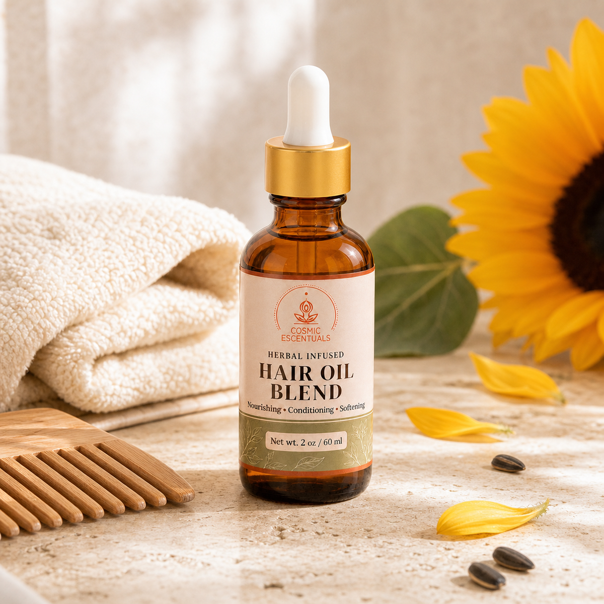An amber glass dropper bottle of Cosmic Escentuals Herbal Infused Hair Oil Blend stands on a stone surface with a folded cream towel, wooden comb, yellow petals, and a sunflower in the background.