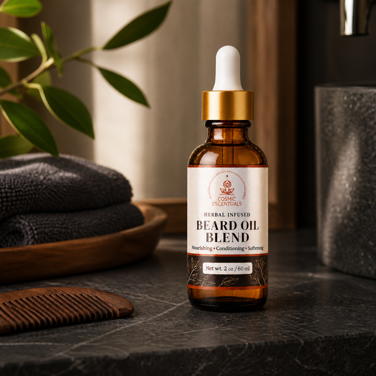 A 2 oz amber glass dropper bottle of Cosmic Escentuals Beard Oil Blend, styled on a dark stone countertop with a wooden comb, folded towels, and a plant in the background.
