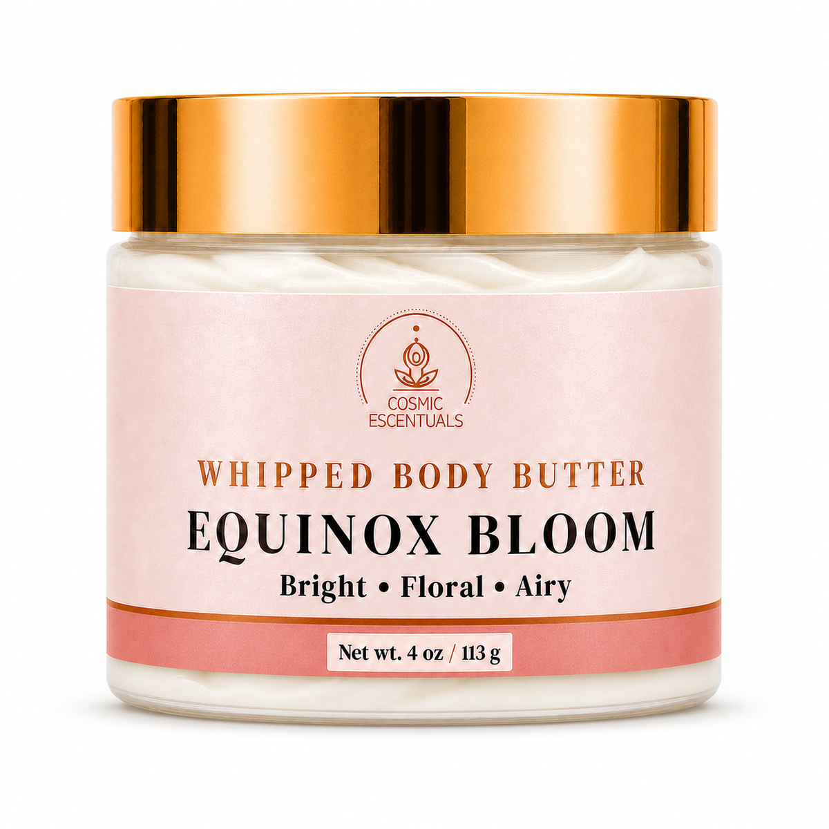 Cosmic Escentuals Equinox Bloom Whipped Body Butter in a clear jar with a metallic gold lid and a light pink label, set against a plain white background.